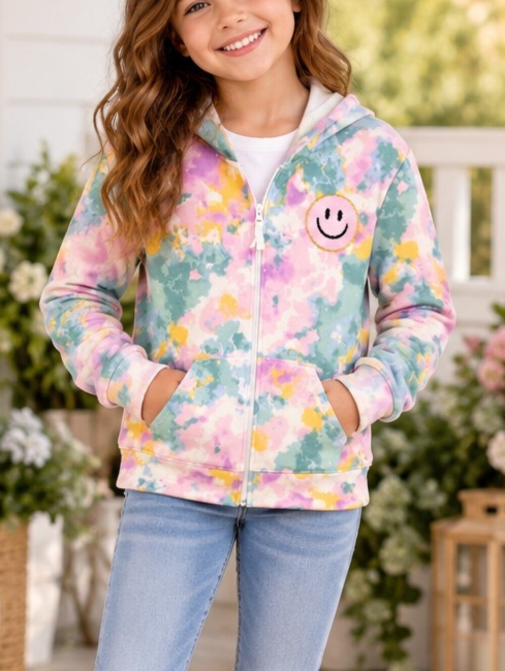 Cat & Jack Pastel Tie-Dye Smiley Zip Hoodie - Pink, Green, Yellow Size L (10/12)